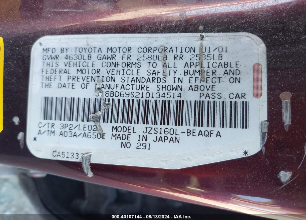 2001 LEXUS GS 300 VIN: JT8BD69S210134514
