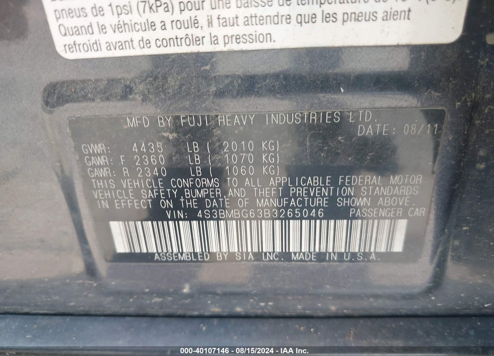 2011 SUBARU LEGACY 2.5I PREMIUM VIN: 4S3BMBG63B3265046