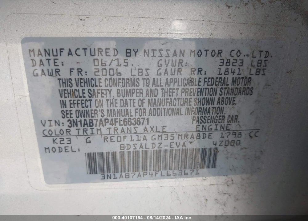 2015 NISSAN SENTRA FE+ S/S/SL/SR/SV VIN: 3N1AB7AP4FL663671