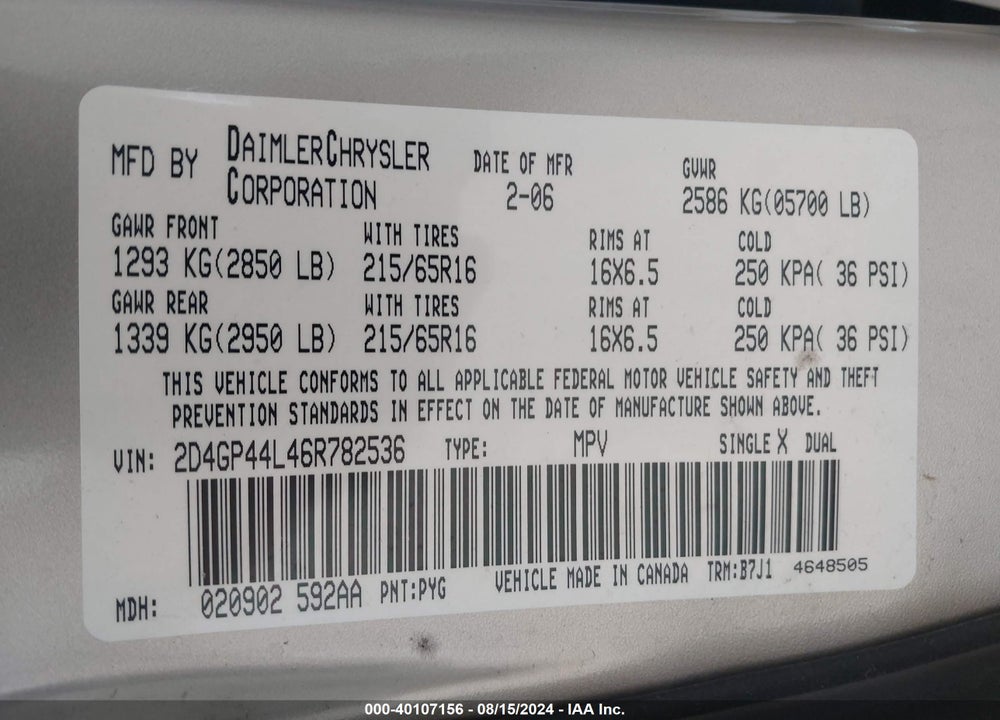 2006 DODGE GRAND CARAVAN SXT VIN: 2D4GP44L46R782536
