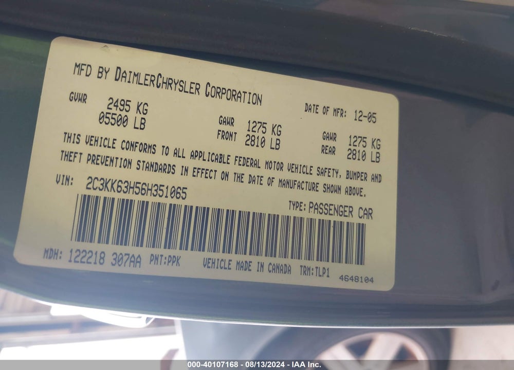 2006 CHRYSLER 300C VIN: 2C3KK63H56H351065