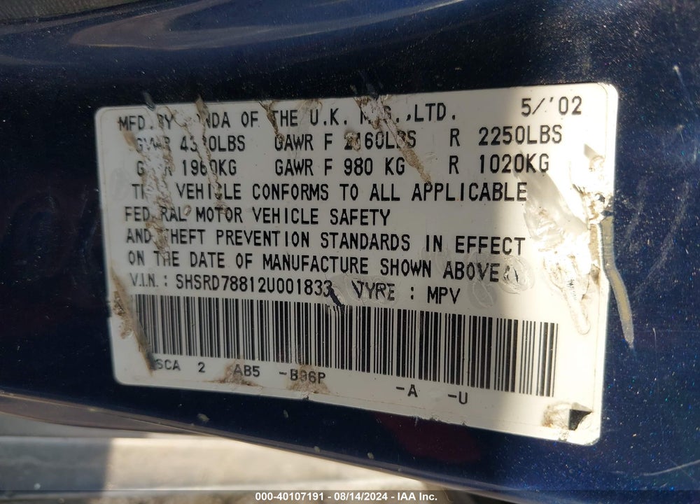 2002 HONDA CR-V EX VIN: SHSRD78812U001833