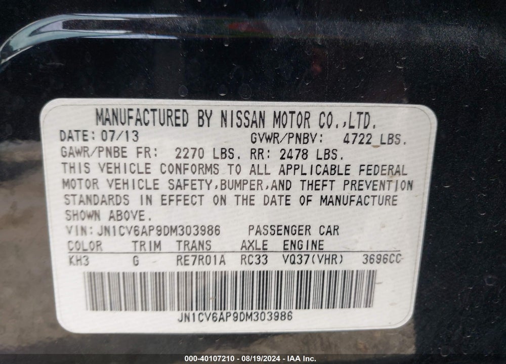2013 INFINITI G37 JOURNEY VIN: JN1CV6AP9DM303986