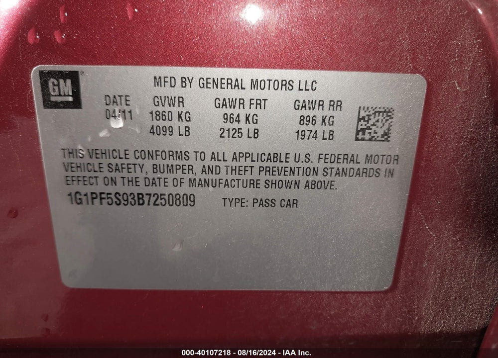 2011 CHEVROLET CRUZE 1LT VIN: 1G1PF5S93B7250809