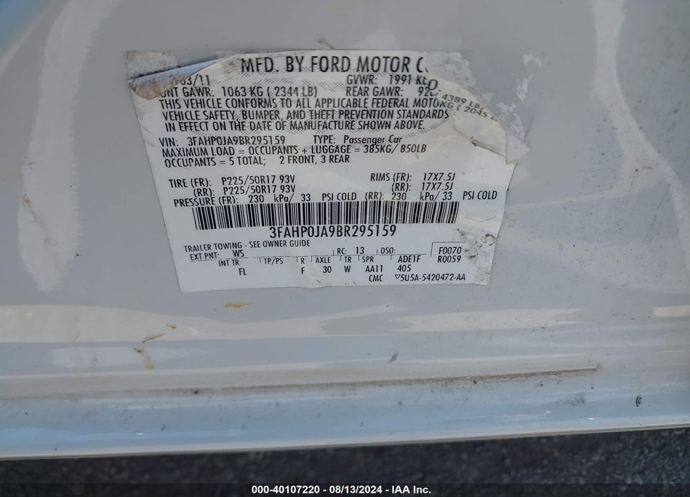 2011 FORD FUSION SEL VIN: 3FAHP0JA9BR295159