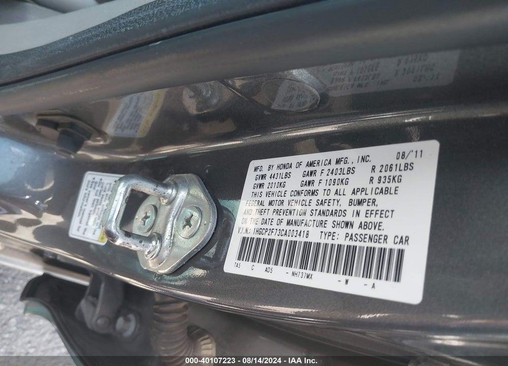 2012 HONDA ACCORD 2.4 EX VIN: 1HGCP2F73CA003418