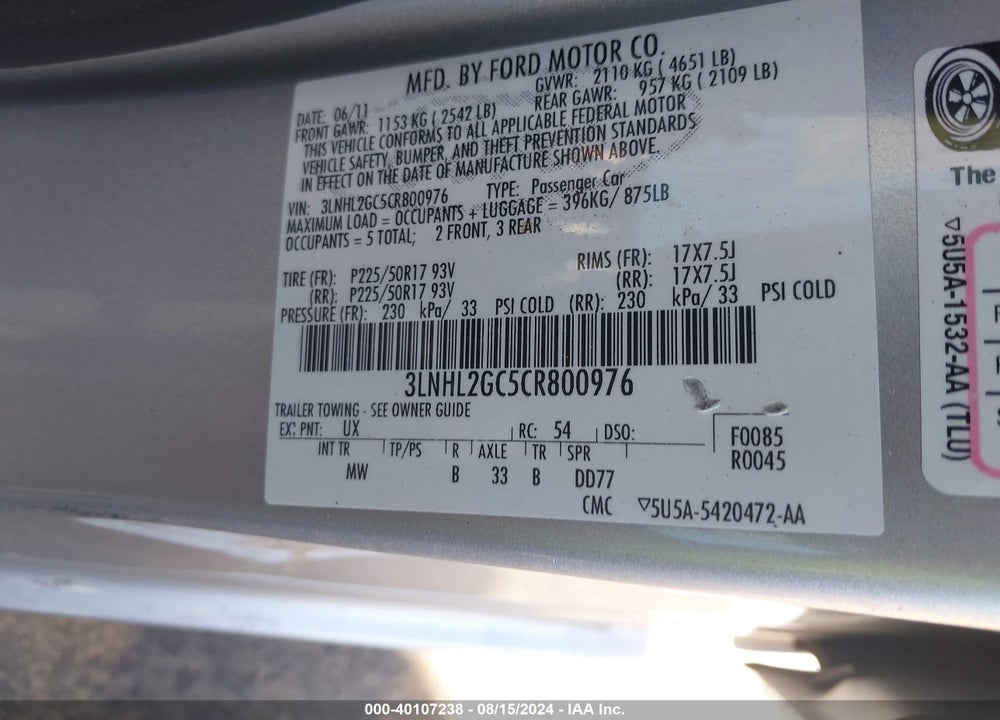 2012 LINCOLN MKZ VIN: 3LNHL2GC5CR800976