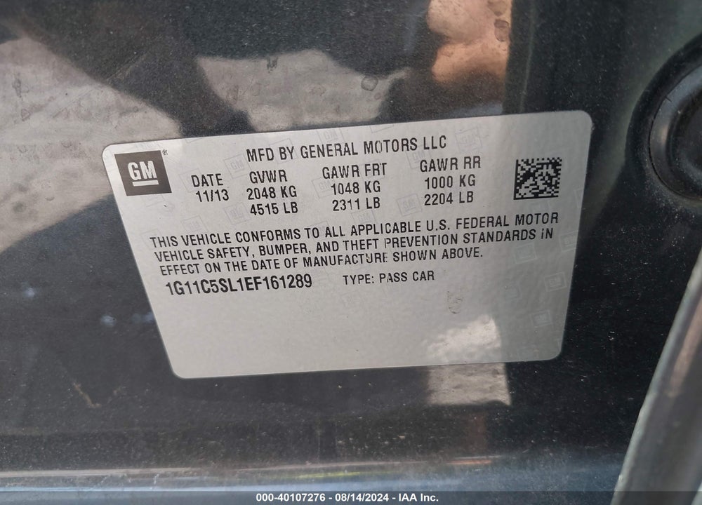 2014 CHEVROLET MALIBU VIN: 1G11C5SL1EF161289