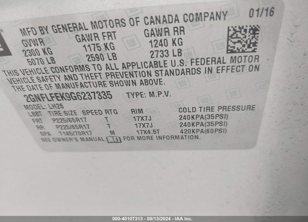2016 CHEVROLET EQUINOX LT VIN: 2GNFLFEK9G6237335