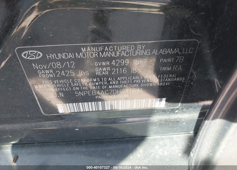 2013 HYUNDAI SONATA GLS VIN: 5NPEB4AC7DH641641