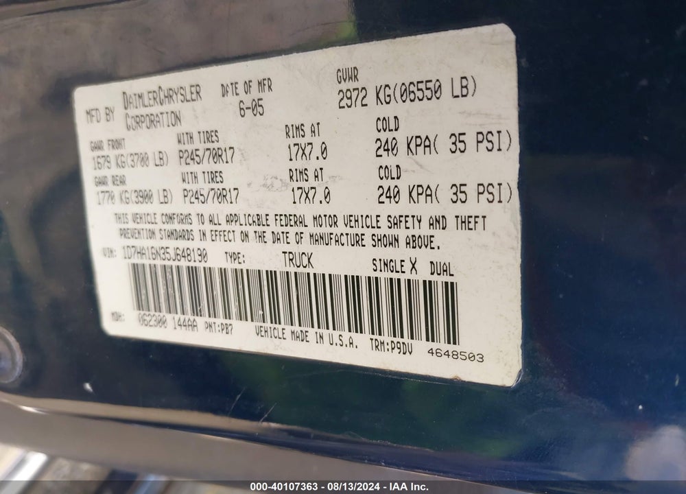 2005 DODGE RAM 1500 ST VIN: 1D7HA16N35J648190