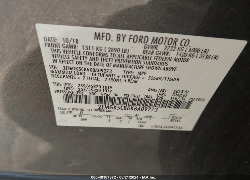 2019 FORD FLEX SEL VIN: 2FMGK5C86KBA09273