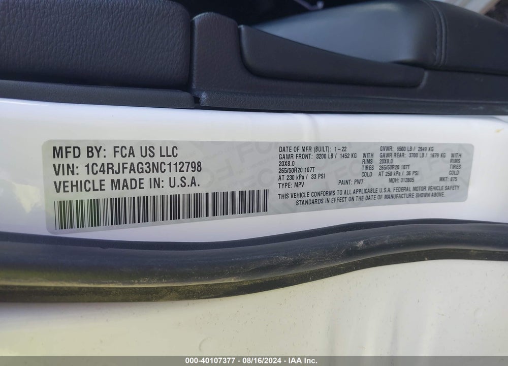 2022 JEEP GRAND CHEROKEE WK LAREDO X 4X4 VIN: 1C4RJFAG3NC112798