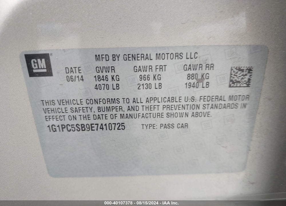 2014 CHEVROLET CRUZE 1LT AUTO VIN: 1G1PC5SB9E7410725