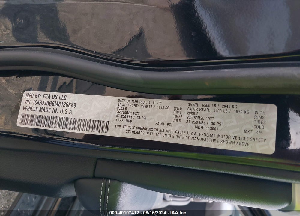 2021 JEEP GRAND CHEROKEE L LIMITED 4X2 VIN: 1C4RJJBG6M8126889