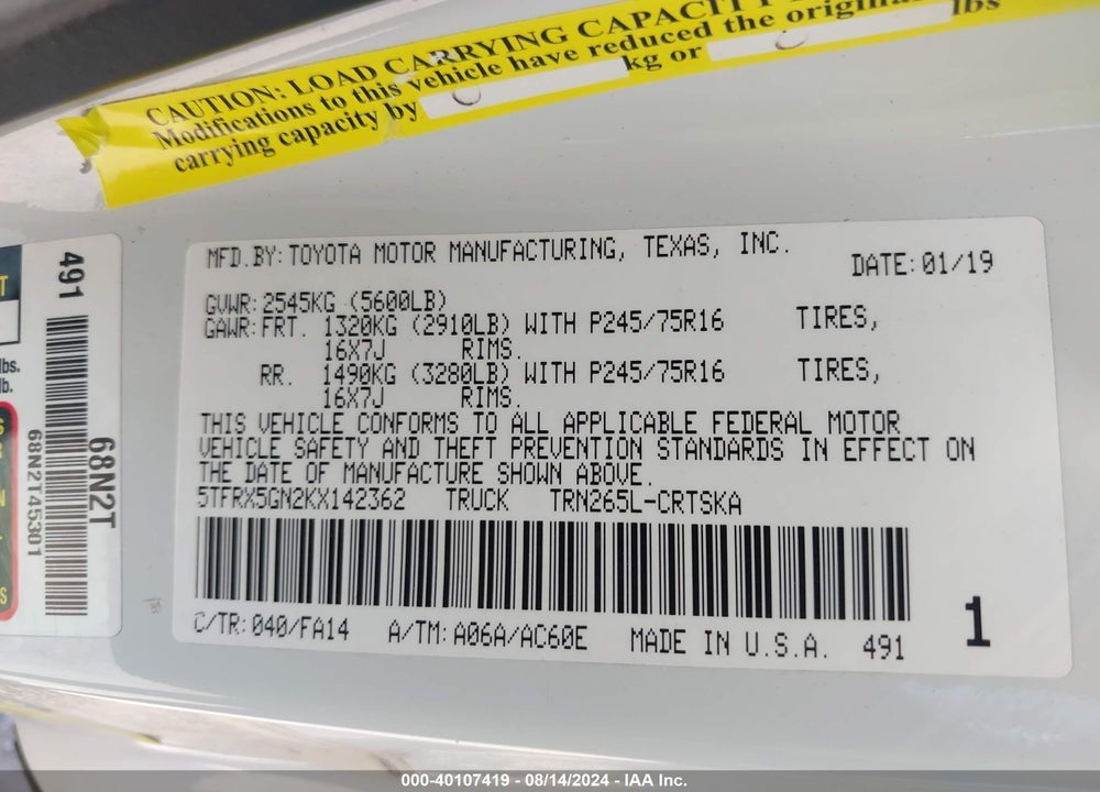 2019 TOYOTA TACOMA SR VIN: 5TFRX5GN2KX142362