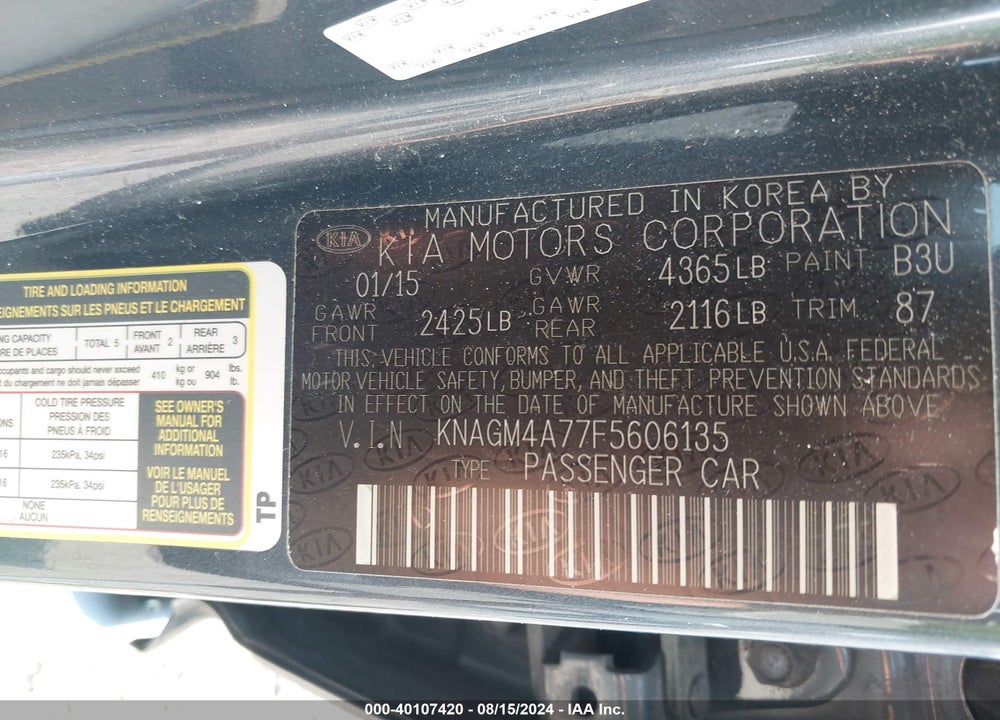 2015 KIA OPTIMA LX VIN: KNAGM4A77F5606135