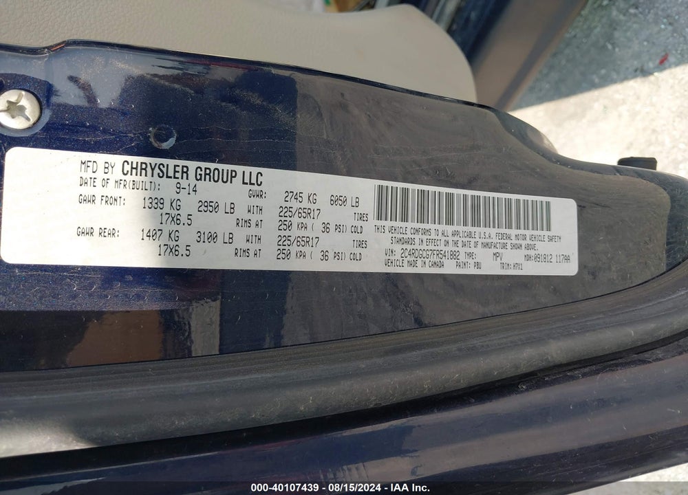 2015 DODGE GRAND CARAVAN SXT VIN: 2C4RDGCG7FR541882