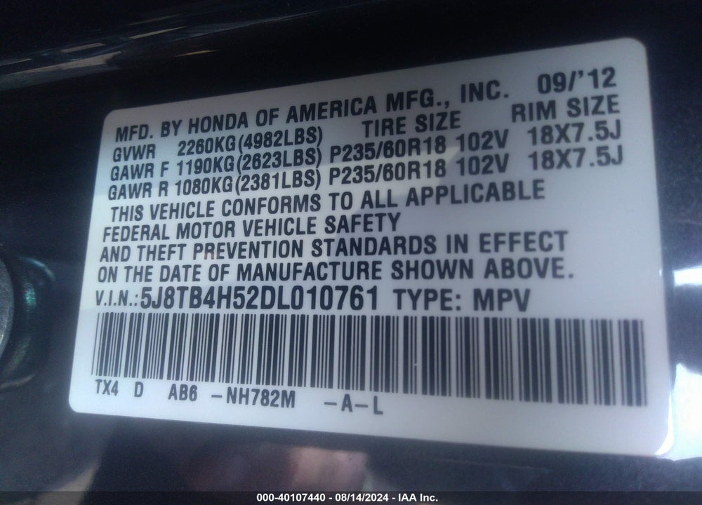 2013 ACURA RDX VIN: 5J8TB4H52DL010761