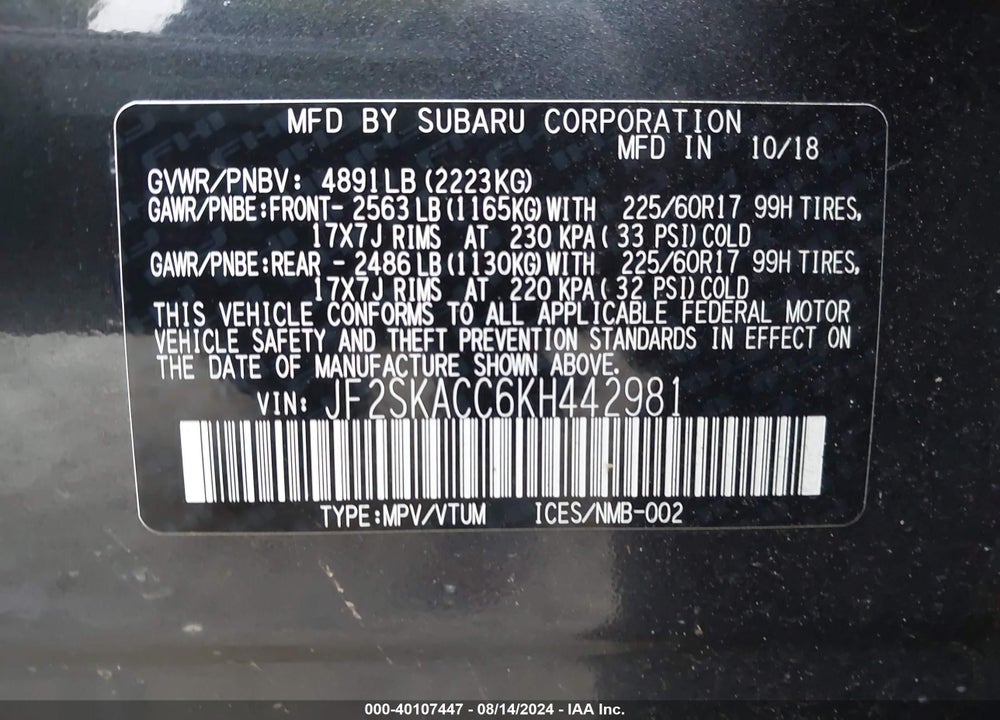 2019 SUBARU FORESTER VIN: JF2SKACC6KH442981