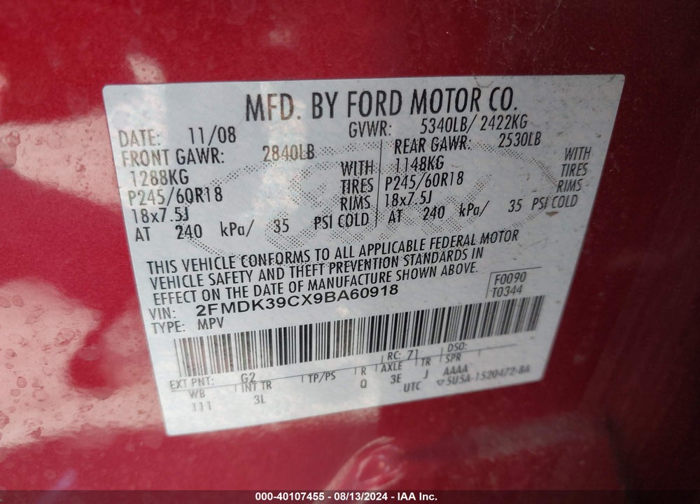 2009 FORD EDGE LIMITED VIN: 2FMDK39CX9BA60918