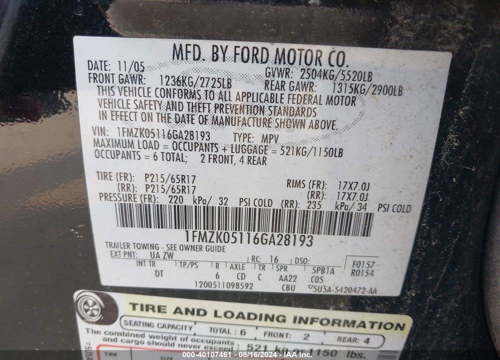 2006 FORD FREESTYLE SEL VIN: 1FMZK05116GA28193