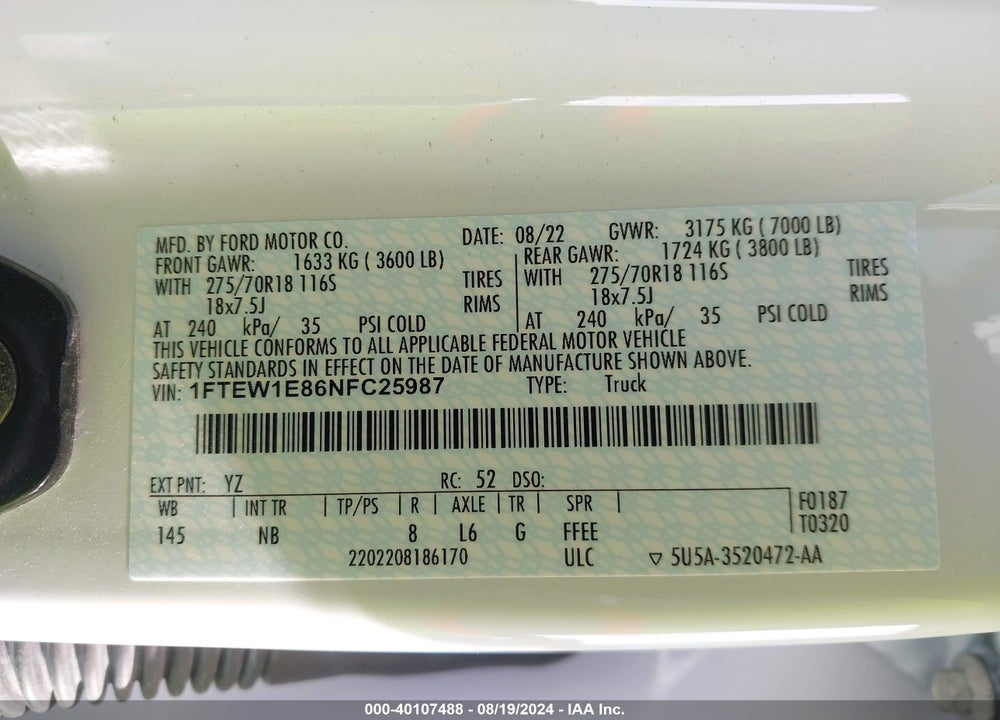 2022 FORD F-150 TREMOR VIN: 1FTEW1E86NFC25987