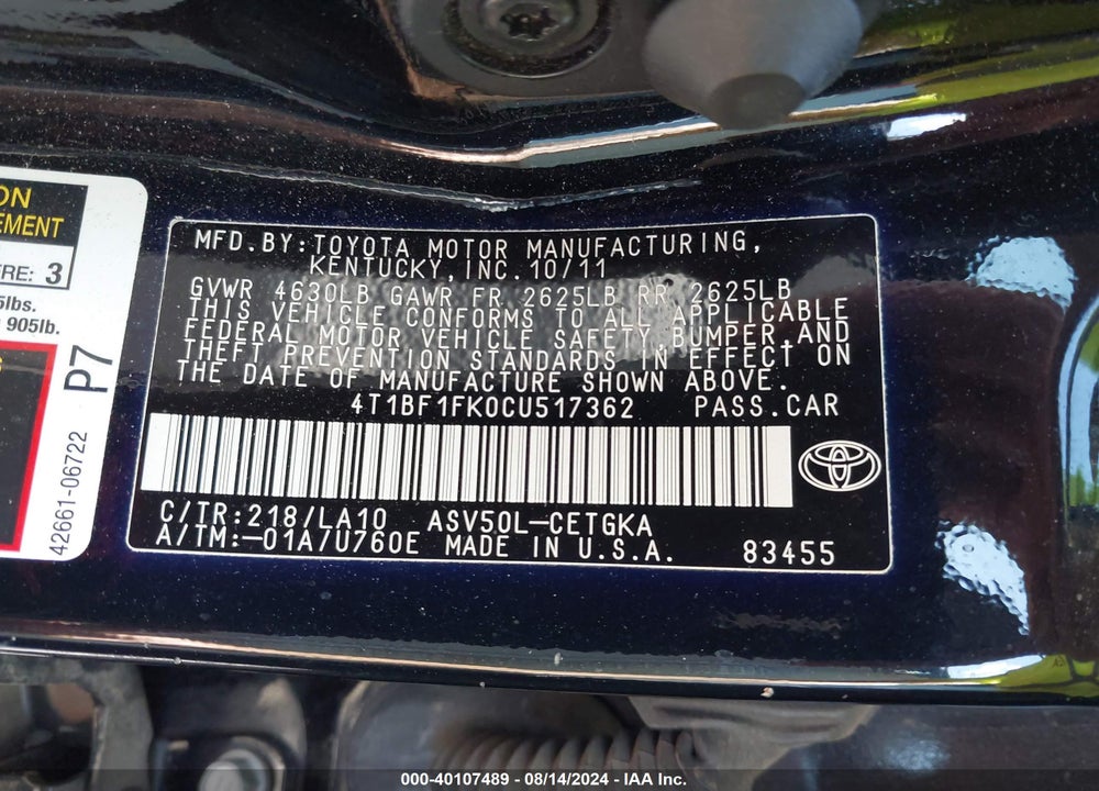 2012 TOYOTA CAMRY XLE VIN: 4T1BF1FK0CU517362
