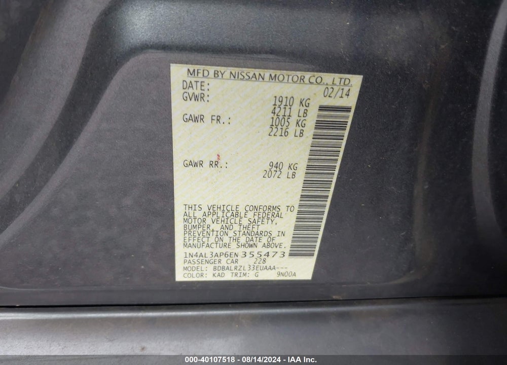 2014 NISSAN ALTIMA 2.5/2.5 S/2.5 SL/2.5 SV VIN: 1N4AL3AP6EN355473