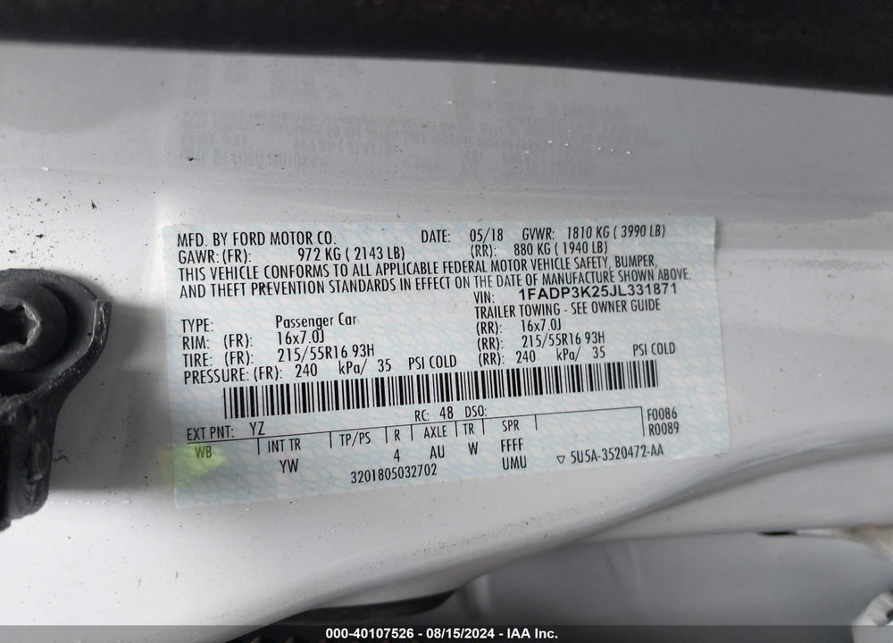 2018 FORD FOCUS SE VIN: 1FADP3K25JL331871