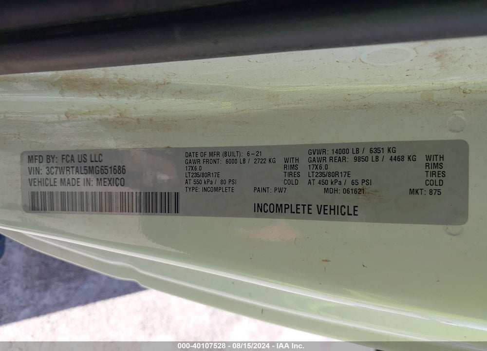 2021 RAM 3500 CHASSIS TRADESMAN/SLT VIN: 3C7WRTAL5MG651686