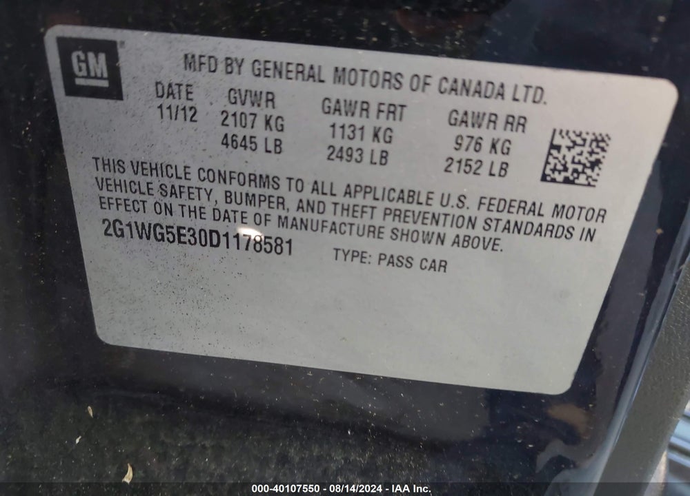 2013 CHEVROLET IMPALA LT VIN: 2G1WG5E30D1178581