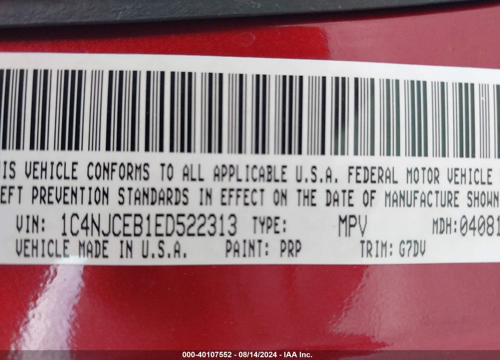 2014 JEEP COMPASS LATITUDE VIN: 1C4NJCEB1ED522313