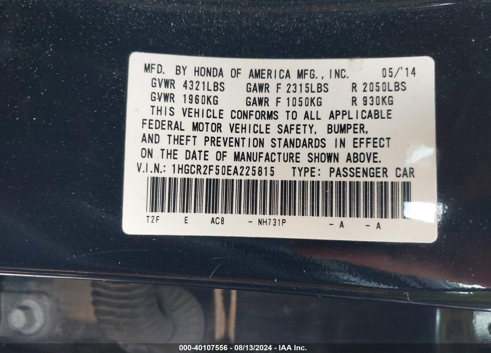 2014 HONDA ACCORD SPORT VIN: 1HGCR2F50EA225815