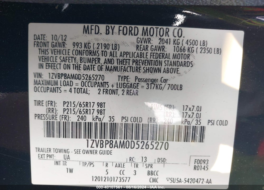 2013 FORD MUSTANG V6 VIN: 1ZVBP8AM0D5265270