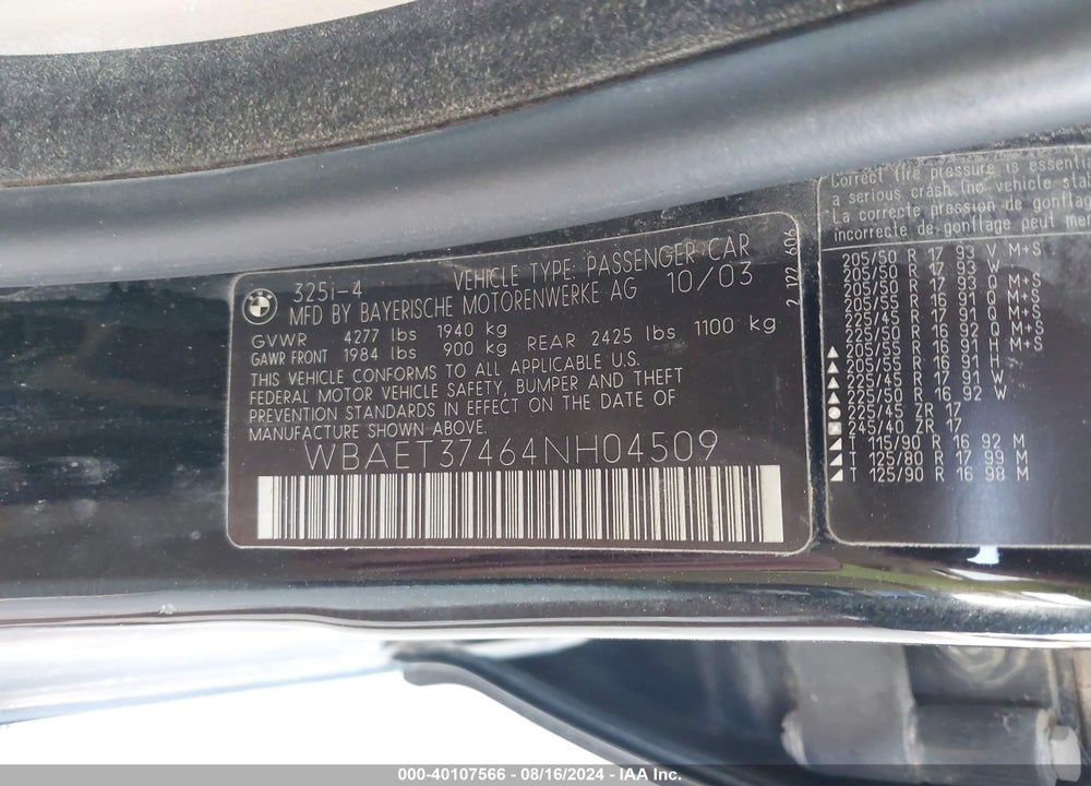 2004 BMW 325I VIN: WBAET37464NH04509