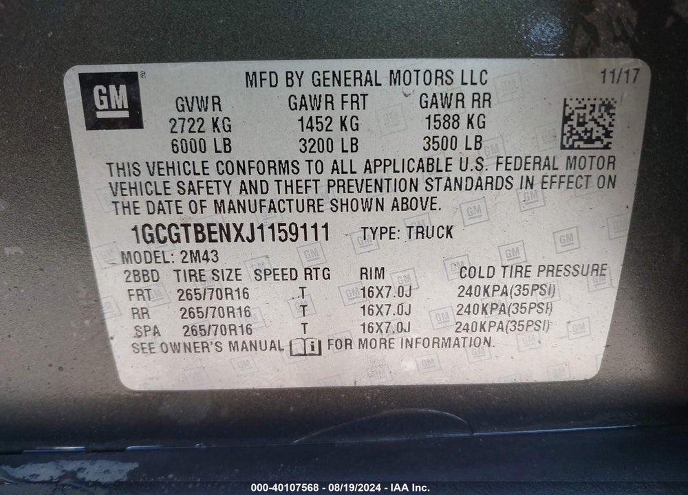 2018 CHEVROLET COLORADO WT VIN: 1GCGTBENXJ1159111