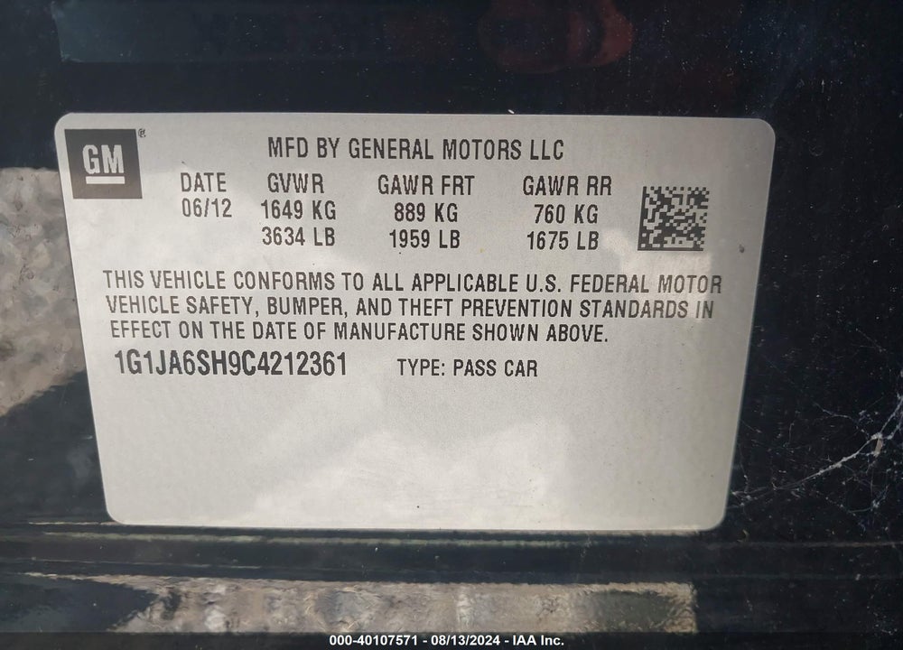 2012 CHEVROLET SONIC 2LS VIN: 1G1JA6SH9C4212361