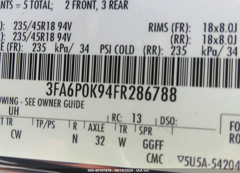 2015 FORD FUSION TITANIUM VIN: 3FA6P0K94FR286788
