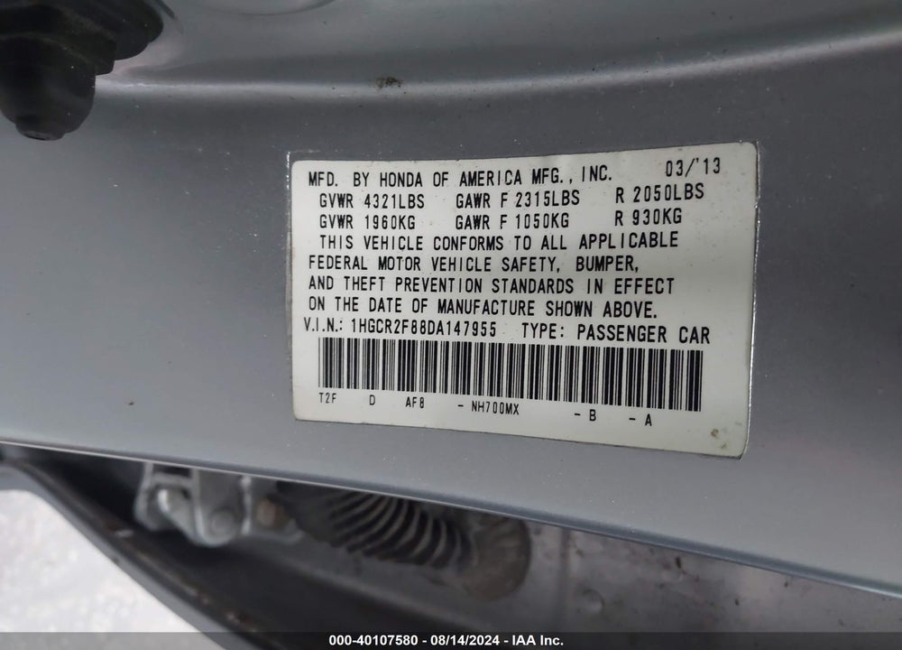 2013 HONDA ACCORD EX-L VIN: 1HGCR2F88DA147955