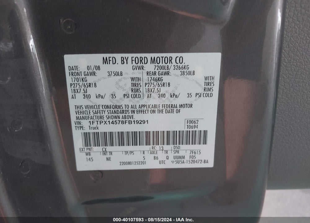2008 FORD F-150 FX4/LARIAT/XL/XLT VIN: 1FTPX14578FB19291