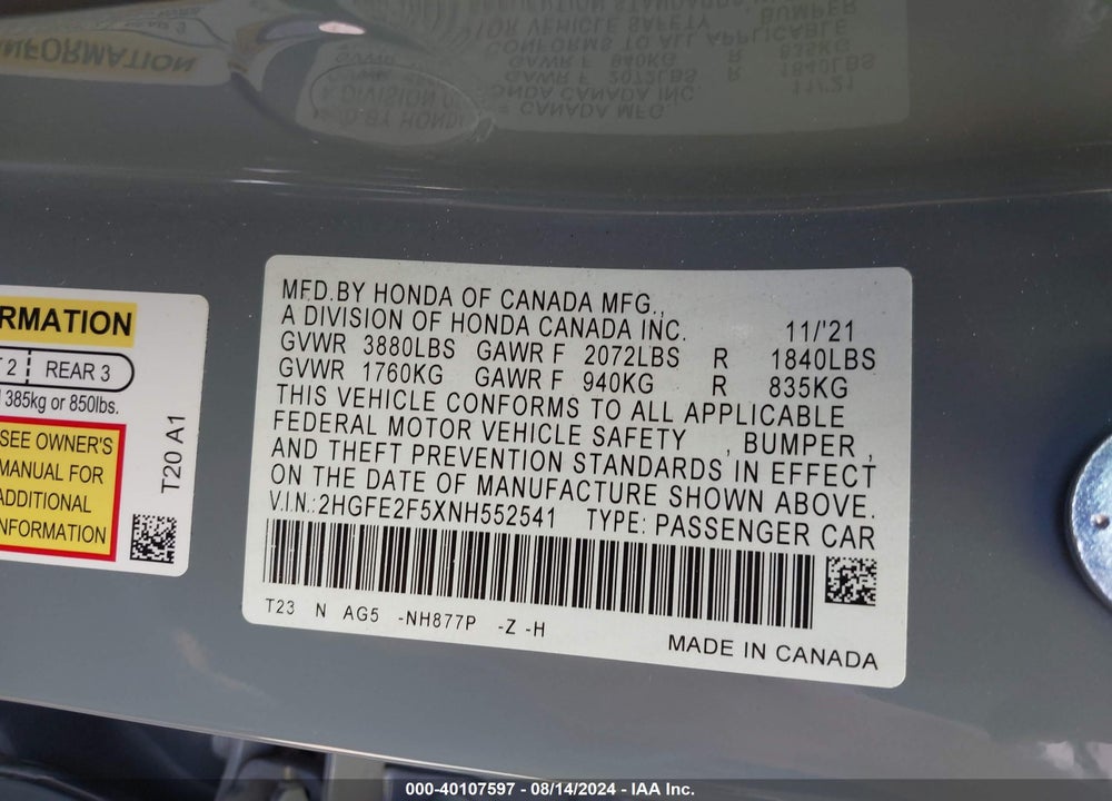 2022 HONDA CIVIC SPORT VIN: 2HGFE2F5XNH552541