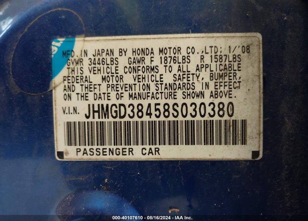 2008 HONDA FIT VIN: JHMGD38458S030380