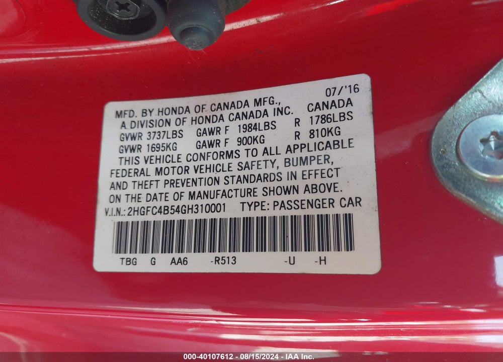 2016 HONDA CIVIC LX VIN: 2HGFC4B54GH310001