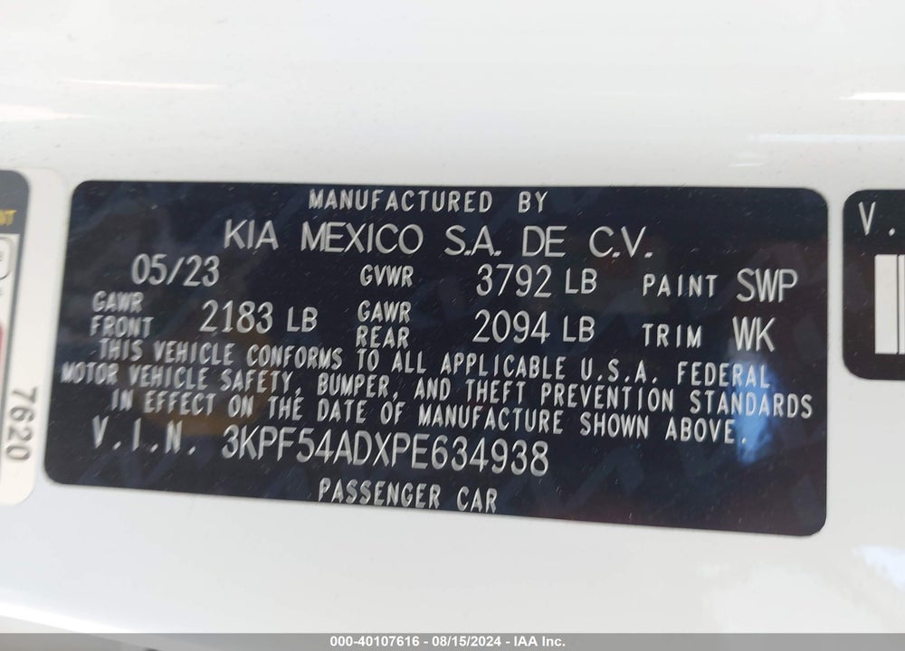 2023 KIA FORTE GT LINE VIN: 3KPF54ADXPE634938