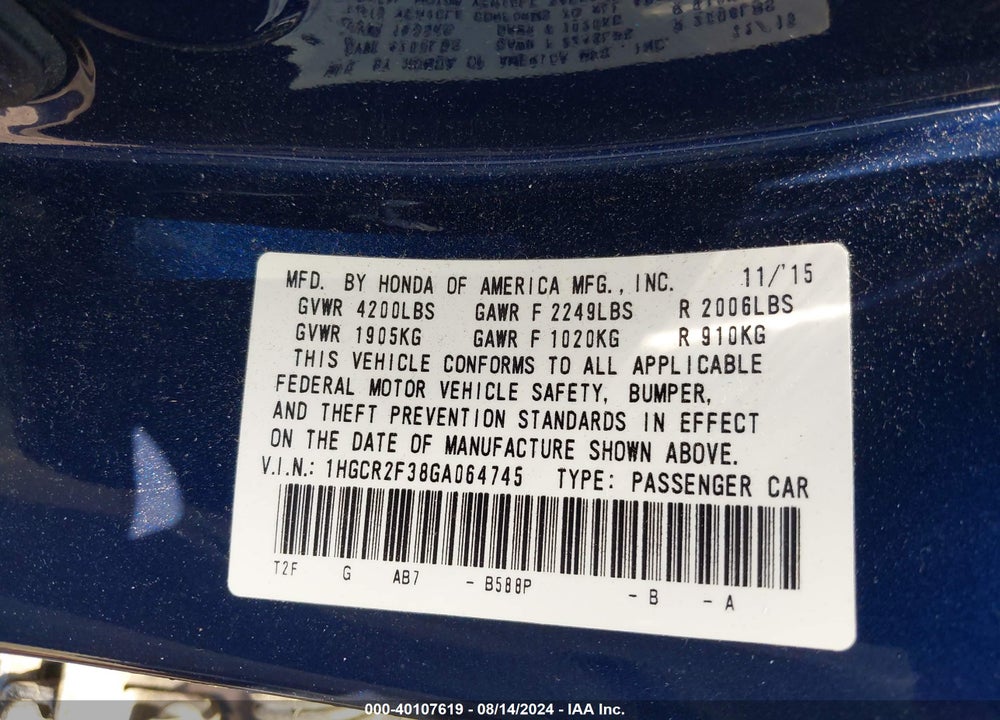 2016 HONDA ACCORD LX VIN: 1HGCR2F38GA064745