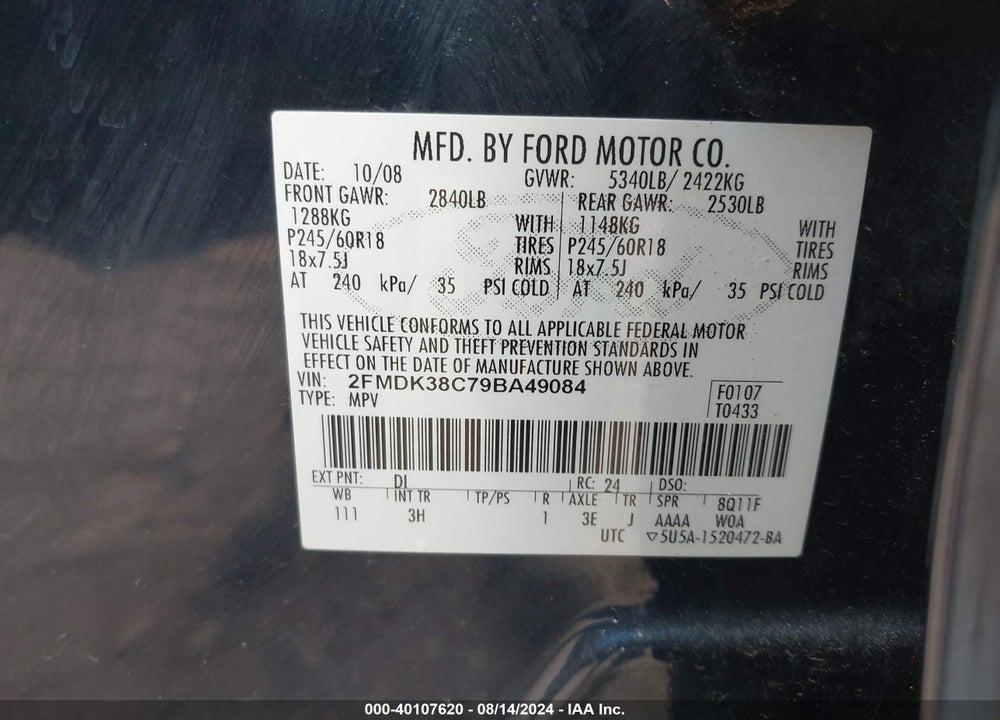 2009 FORD EDGE VIN: 2FMDK38C79BA49084