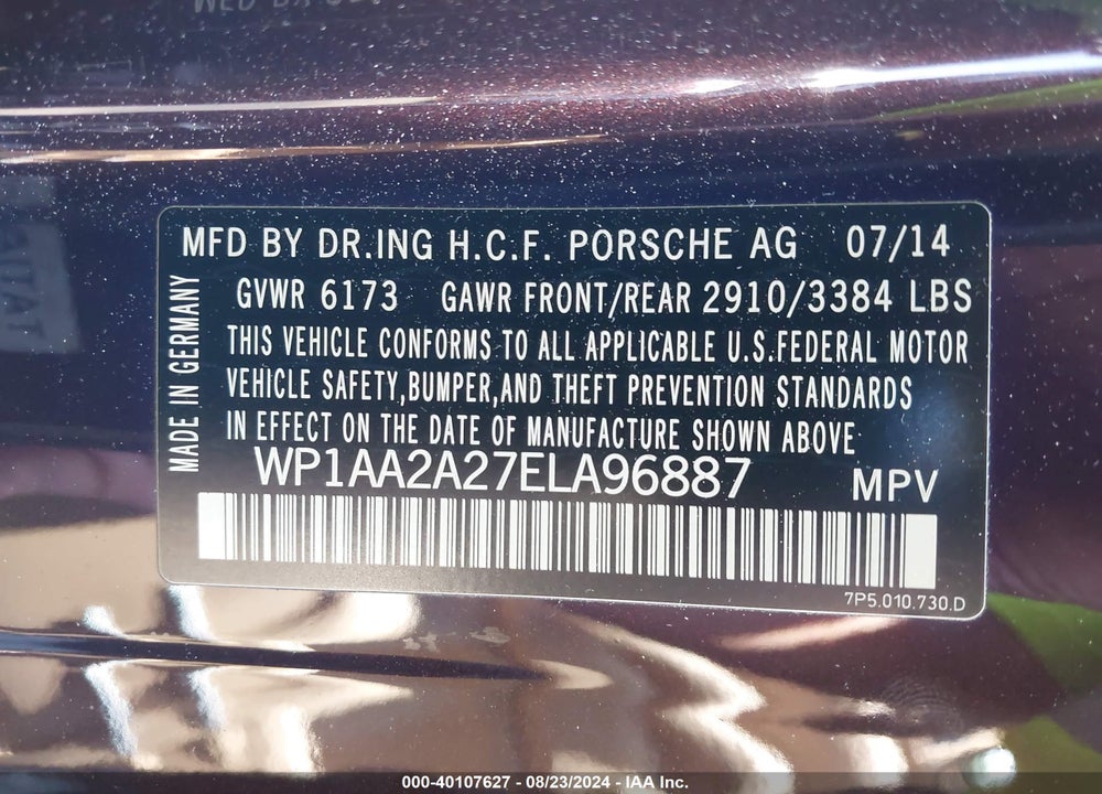 2014 PORSCHE CAYENNE VIN: WP1AA2A27ELA96887