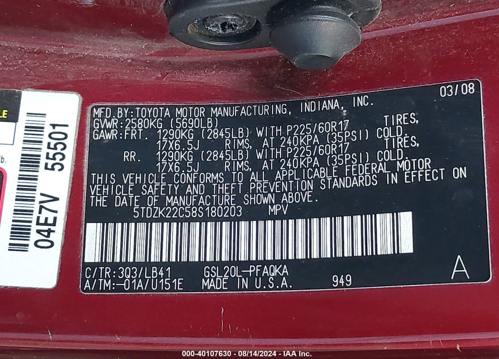 2008 TOYOTA SIENNA XLE VIN: 5TDZK22C58S180203