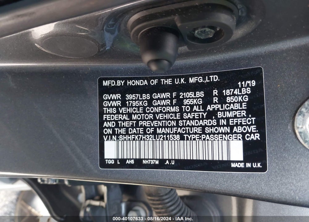 2020 HONDA CIVIC LX VIN: SHHFK7H32LU211538